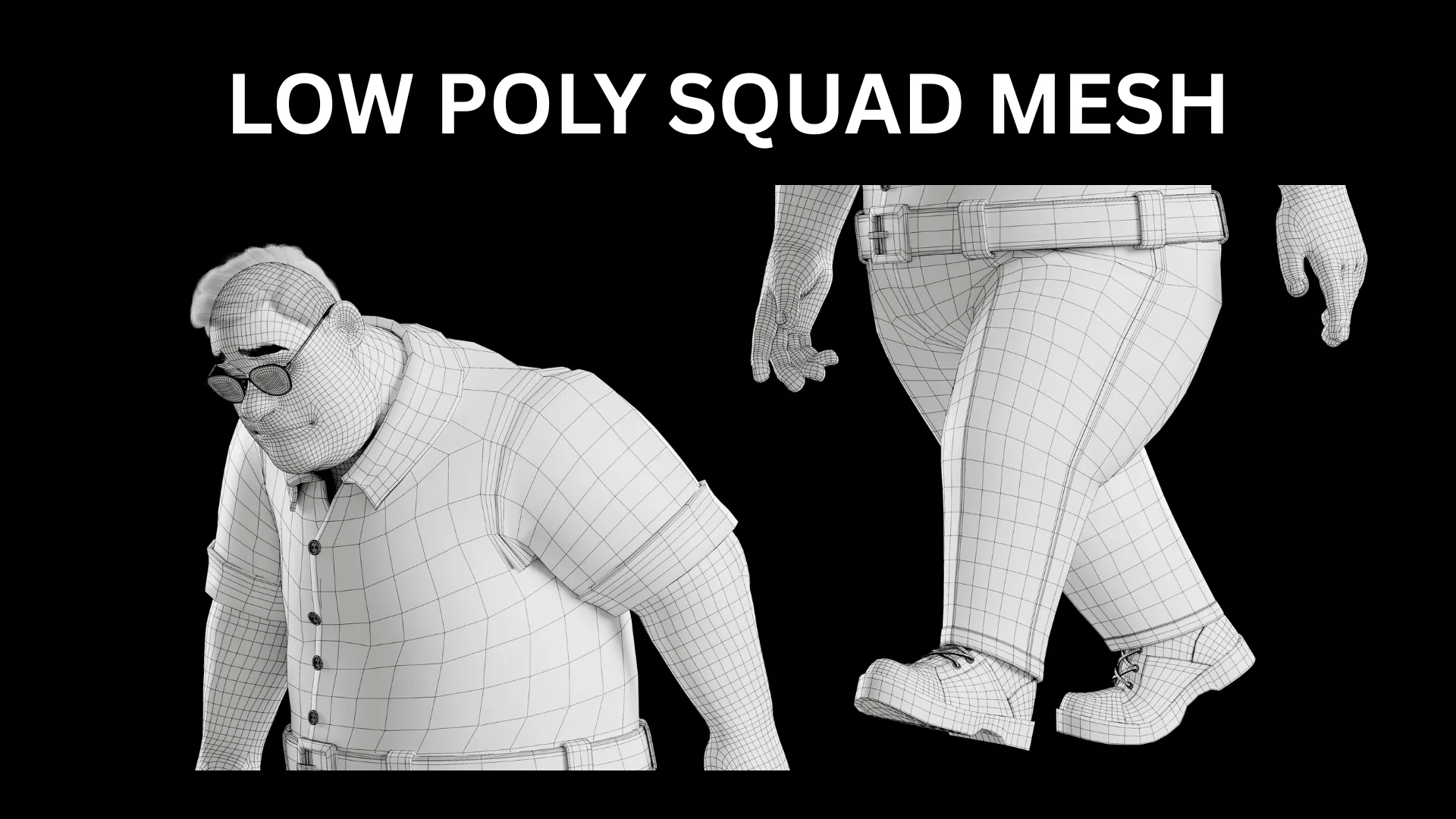 Low-poly quad topology 3D character wireframe